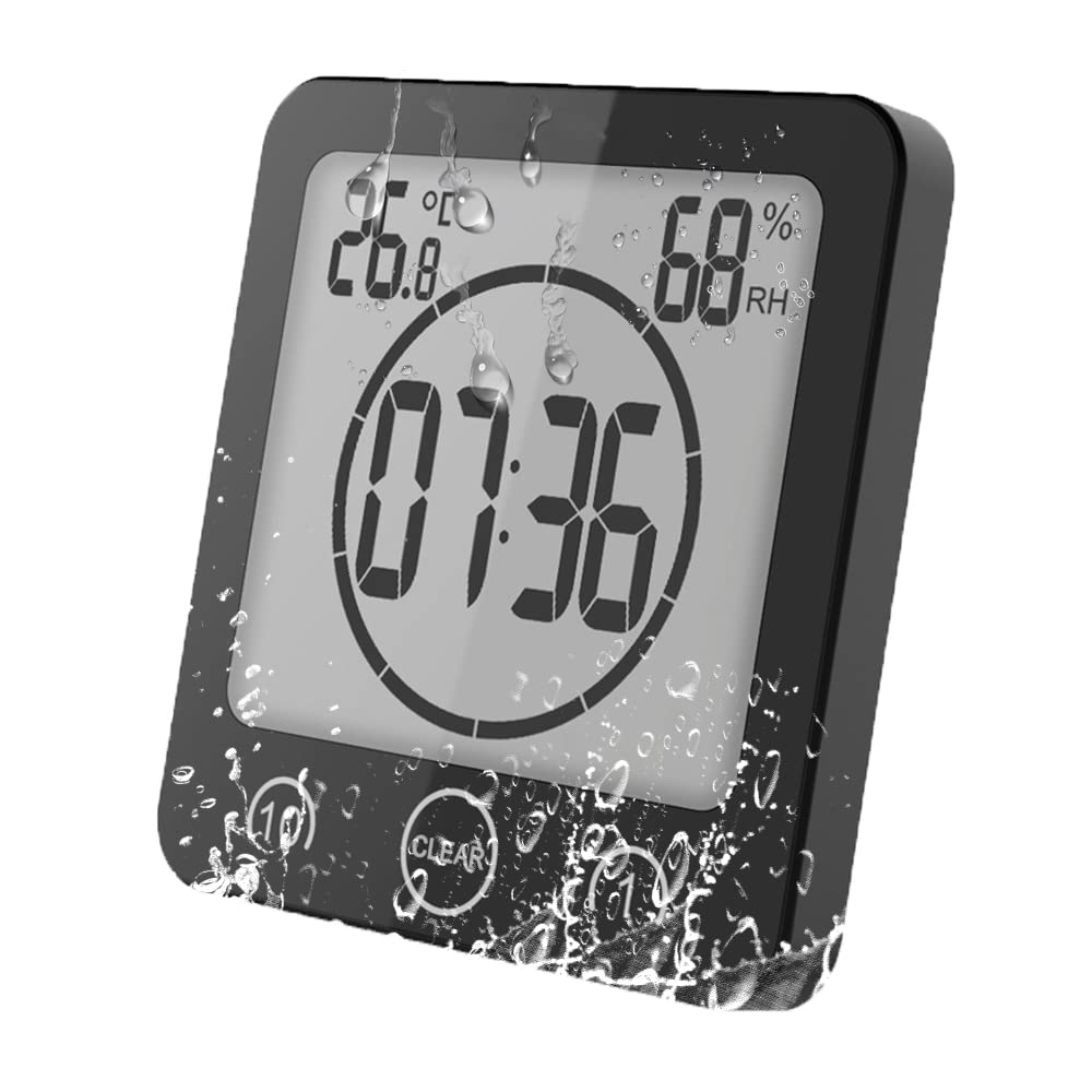 VORRINC Digital Bathroom Shower Clock, Waterproof Clocks for Bathroom Kitchen Timer Clocks Wall Clock with Suction Cup, Temperature Thermometer, Moisture Proof, CountDown Timer (Black)