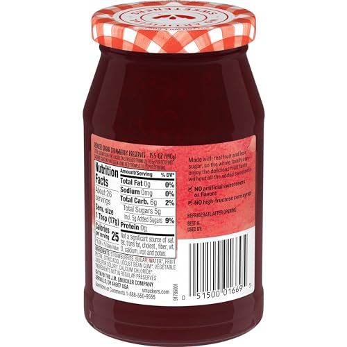SMUCKER’S LOW SUGAR STRAWBERRY REDUCED SUGAR PRESERVES, 15.5 OUNCES