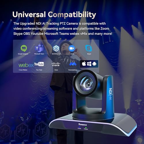 Tenveo PTZ Camera with Auto Tracking AI NDI/SDI/HDMI/USB3.0/RJ45 PoE Optical Zoom 12X 1080P 60FPS IP Live Streaming Camera for Big Church Events and Live Streaming