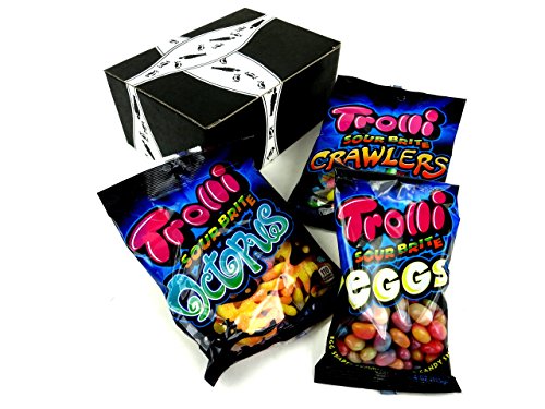 Trolli Sour Brite Menagerie: One 4.25 oz Bag of Trolli Sour Brite Octopus, One 5 oz Bag of Trolli Sour Brite Crawlers, and One 4 oz Bag of Trolli Sour Brite Eggs in a Gift Box