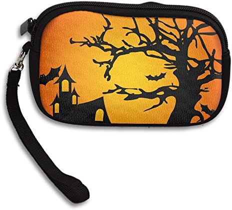Skong Halloween Black Old Tree Bats And Castle Yellow Women's Casual Coin Purse Leisure Zip Mini Wallet Handbag Card Key Holder 15cm X9.5cm