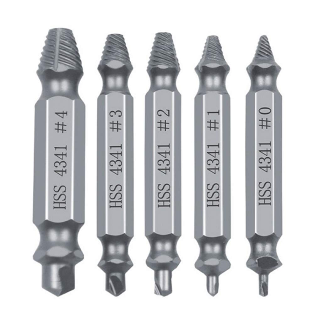 Loboo Idea Speed Out Screw Extractor Drill Bits Tool Set Broken Damaged Bolt Remover Guide Set Broken Easy Out Fastener Kit (5 Pieces HSS 4341#, Silver)