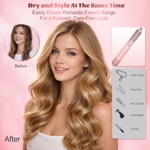 AVENHO 5 in 1 Hair Dryer Brush, Hot Air Brush with Detachable Heads, Straightener, Curling and Volumizer, Lightweight for Travel - Blush