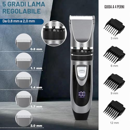 Cozary Electric Beard Shaver, Hair Machine, Professional Men's Hair Clipper, USB Charging with LED Display, 4 Guide Combs, Wireless Trimmer, Men's Beard Trimmer for Family/Barber