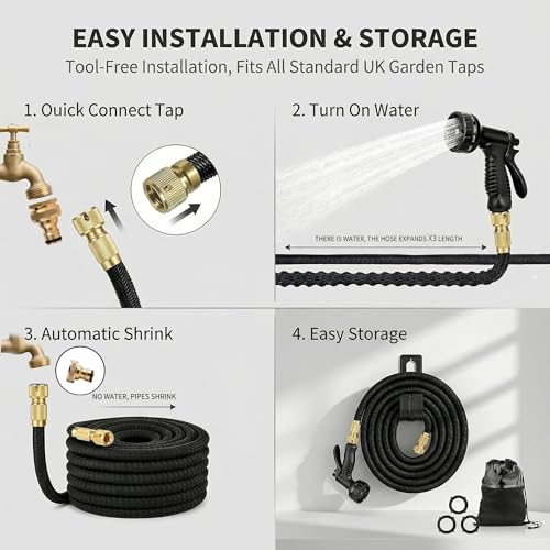 Expandable Garden Hose, Upgraded 3-Layer Natural Latex No-Kink Flexible Water Hose with 10-Pattern Spray Nozzle, Solid Brass Connectors – for Garden Watering, Car Wash, Pet Bathing (100ft)