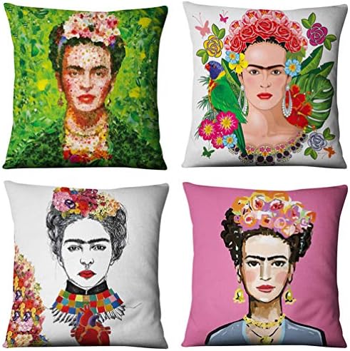 Joyi 4 Pack Frida Kahlo Self-Portrait Cotton Linen Throw Pillow Case Car Cushion Cover 18"x18",Pattern 7