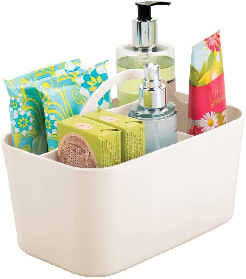 mDesign Bathroom Basket with Handles – Small Cosmetics Organiser with 4 Compartments – Also Ideal as a Kitchen Organiser or Shower Caddy – Cream