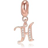 Rose Gold A-Z Letter Initial Dangle Beads Charm 925 Sterling Silver Alphabet Pendants for Snake Chain Bracelets Necklace Gift Jewelry for Mother