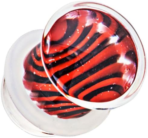0G Red Black Stripe Glass Single Flare Plug Pair