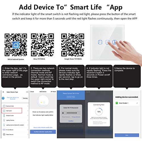 LCAZ Interruptor de cortina inteligente WiFi panel de interruptor de pared inteligente tctil interruptor de temporizador inalmbrico compatible con Alexa y Google Assistant
