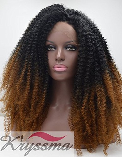 K'ryssma Synthetic Kinky Curly Wig Black Ombre to Brown Lace Front Wigs Heat Resistant Fiber Hair Half Hand Tied for African American Women 24 Inches