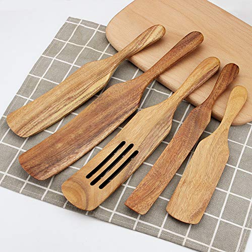 Wooden Cooking Utensils, 5 Pcs Natural Acacia Teak Kitchen Utensil Set Heat Resistant Non Stick