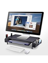 Metal Monitor Riser Stand and Computer Desk Organizer with Drawer, Black, by Simple Trending