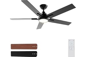 Sevenine 52 Inch Ceiling Fans with Lights and Remote, Black Ceiling Fan with 5 Balde for Outdoor/Bedroom Living Room, Downrod, 6 Speed Reversible DC Motor, 3CCT Dimmable Timer Noiseless, ETL Listed