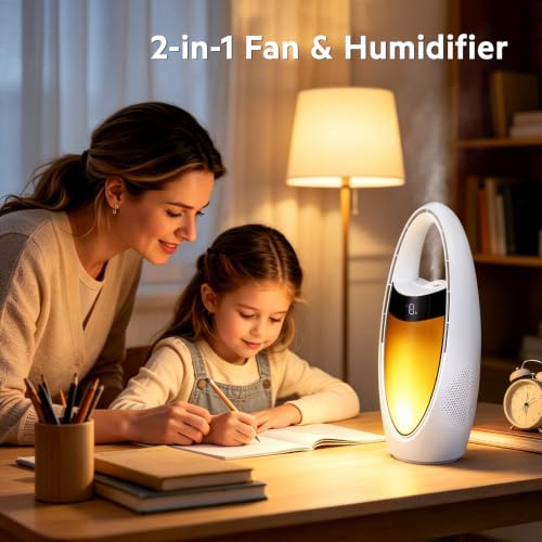 Acemall Bladeless Fan 35cm Portable Wireless 4000mAh Tower Fan with Humidifier and 9 Speeds & Night Light & Timer & 70° Oscillating for Bedroom, Office, Home