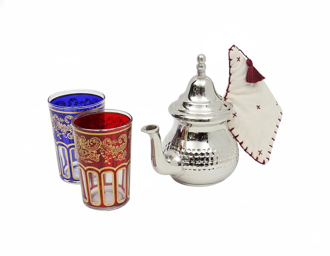 Moroccan Hammered Teapot Set Small: Silver Tea Pot with Integrated Filter and Teapot Holder, 2 Tea Glasses, Handmade in Morocco, Serving Mint Tea Gift Set