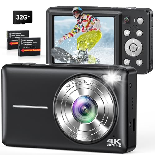 Digital Camera 4K, Compact Point and Shoot Digital Camera with Auto Focus, Dual Camera, Flash, 16X Zoom, 32GB Card, 64MP Cameras for Photography, Boys, Girls, Teens, Adults Vlogging Camera, Black