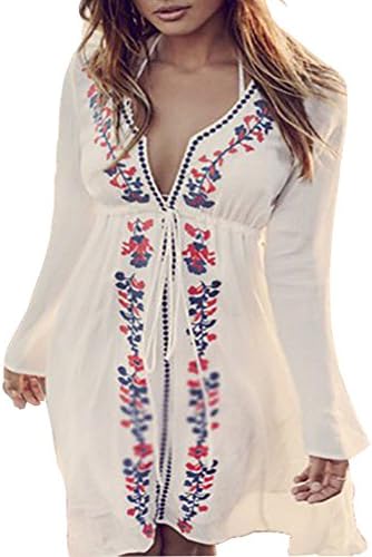 Plus-Size Flower Embroidered Cover Up Dresses (White)