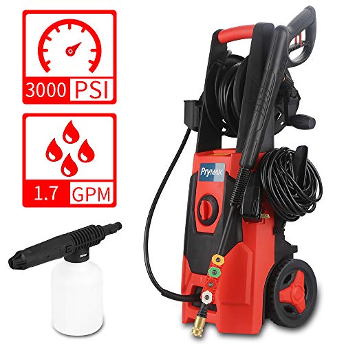 PRYMAX Pressure Washer 3000 PSI 1.70 GPM Car Electric Power Washer with Hose Reel and Interchangeable Nozzles, Red