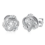 Love Knot Stud Earrings for Women Girls Cubic Zirconia Post Earrings Plated 14k White Gold, with BuycitKy PU Jewelry Pouch