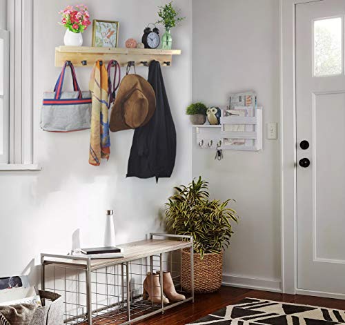 Spiretro Set of 2 Wall Mounted Torched Wood Floating Shelves & Ledge, Coat Hat Rack with Black Metal Pegs Hook to Organizer, Storage, Decorative for Entryway, Hallway, Bedroom, Natural Beige