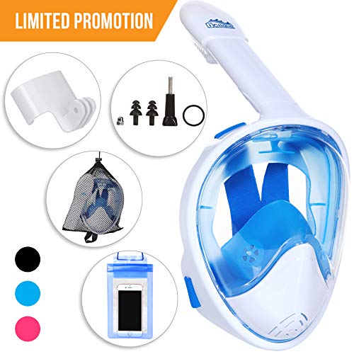 Full Face Snorkel Mask - Scuba Diving Set with Tubeless, Anti-Fog & Anti-Leak Design - 180 ° Panoramic Viewing - Free Universal Waterproof Case for Phone & Earplugs - GoPro Adapter, available in two sizes (Blue, L/XL)
