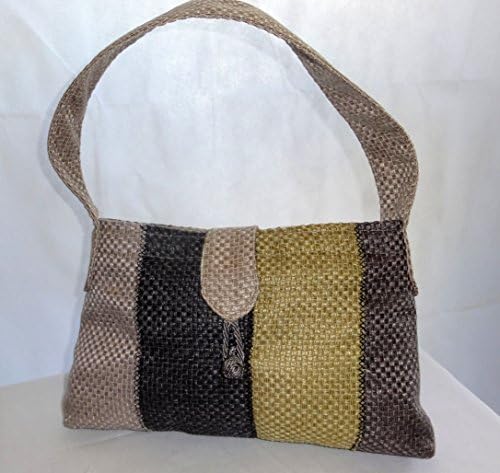 Small handmade top handle handbag, cool tones of beige, grey and brown.