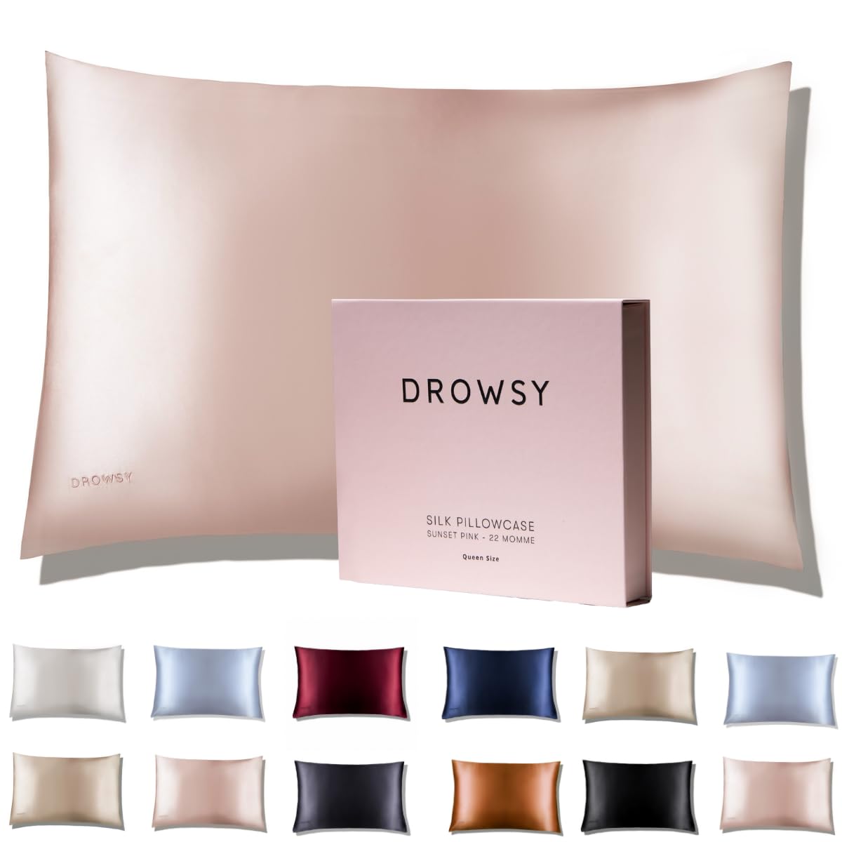 Drowsy Silk Pillowcase - 100% Pure Mulberry Silk - 22 Momme 6A High-Grade Fibers - Skin, Hair and Sleep Benefits - Envelope Opening - Queen/King Size (Sunset Pink)