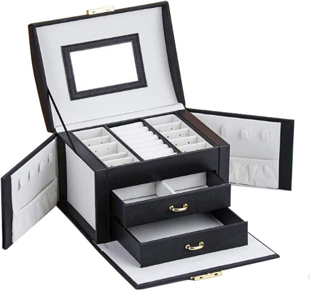 Caja de almacenamiento de joyas, Diseño de tres capas con 2 cajones