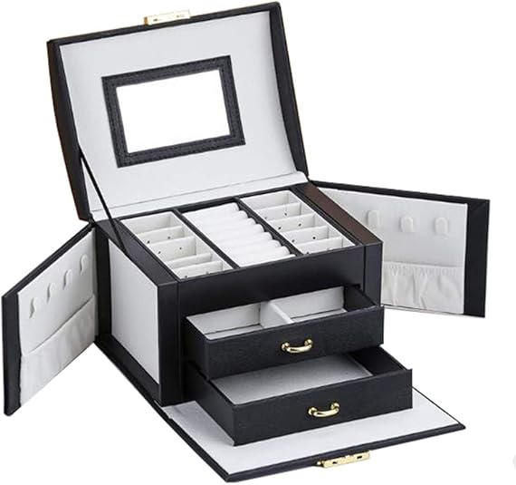 Caja de almacenamiento de joyas, Diseño de tres capas con 2 cajones