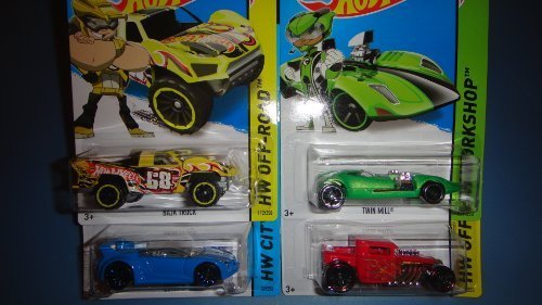 HOT WHEELS 2014 RELEASE TEAM HOT WHEELS SET OF 4 BLUE, RED, YELLOW AND GREEN DRIVERS, HOT WHEELS TEAM HOT WHEELS QUICK N' SIK, TWIN MILL, BAJA TRUCK AND BONE SHAKER SET