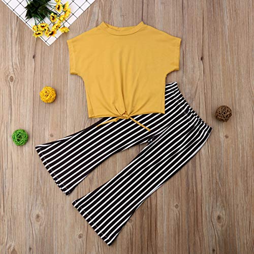 Toddler Baby Girl Striped Bell Bottom Outfit Yellow Crop Top Shirt+Flare Wide Long Pants Summer Clothes Set