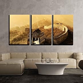 3 Piece Canvas Wall Art - Great Wall in Old Yellow Tone in Beijing, China - Modern Home Art Stretched and Framed Ready to Hang - 16"x24"x3 Panels