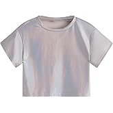 Verdusa Girl's Metallic Crop Tee Top Short Sleeve Round Neck Neon Shirts Party Costume Concert Outfits