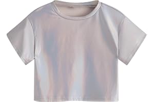 Verdusa Girl's Metallic Crop Tee Top Short Sleeve Round Neck Neon Shirts Party Costume Concert Outfits
