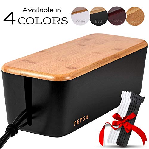 TEYGA Bamboo Cable Management Box - Stylish Cord Organizer Box Hides Power Strip and Keeps Cords Untangled - Surge Protector Cover Keeps Children Safe - TV Cord Box for Home and Office