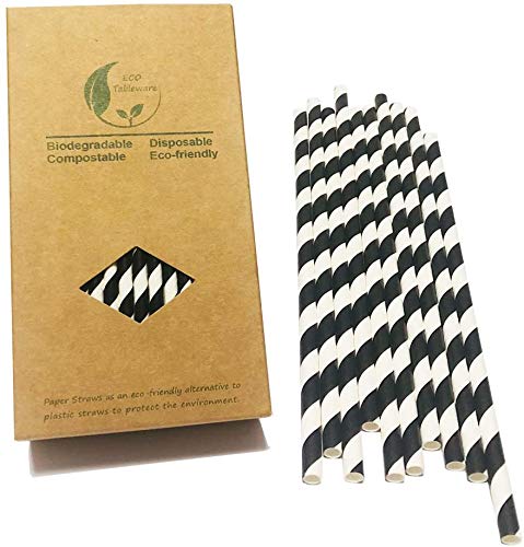 Extra Durable Black and White Striped Paper Drinking Straws - 100 Pack Biodegradable Black Stripes Straws for Holloween Party Decoration