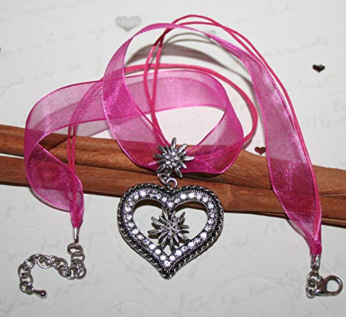 Dirndl necklace darkpink with rhinestone Edelweiss heart traditional necklace women - Thumbnail 2