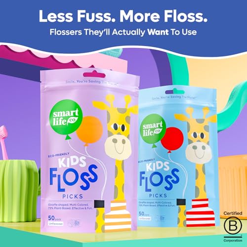 SmartLifeco Eco-Friendly Kids Flossers (200ct) - Dental Floss Picks for Children Made with Straw Wheat, Fluoride & PFA Free, Toothpick Flossing Sticks for Toddler Teeth, No Shred Thread, Unflavored