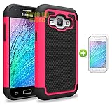 Galaxy J1 Case, [Non-Slip] [Slim Perfect-Fit] [Drop Protection] [Shock-Absorption] [Impact Resistant] Hybrid Dual Layer Galaxy J1 Case, [Hard Plastic with TPU/ Soft Silicone] Protective Case Rubber Bumper Slim Cover Case for Samsung Galaxy J1 + Screen Protector (Hot Pink)