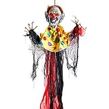Halloween Haunters 3 Foot Hanging Scary Circus Clown Ghoul with Evil Red Flashing LED Eyes Prop Decoration - 1/3 Life-Size Scale Spooky Face, Red and Black - Fun Haunted House, Entryway Party Display