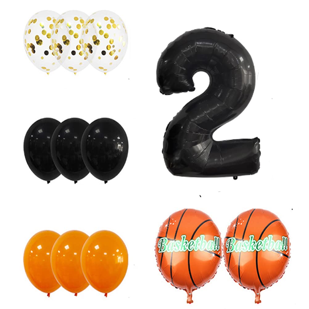 Large Basketball Balloon Birthday Decorations 2 Year Kids Birthday Decoration Number 2 Balloon Foil Balloon Orange Black Balloon for Kids Basketball Themed Celebration Party Birthday Decoration