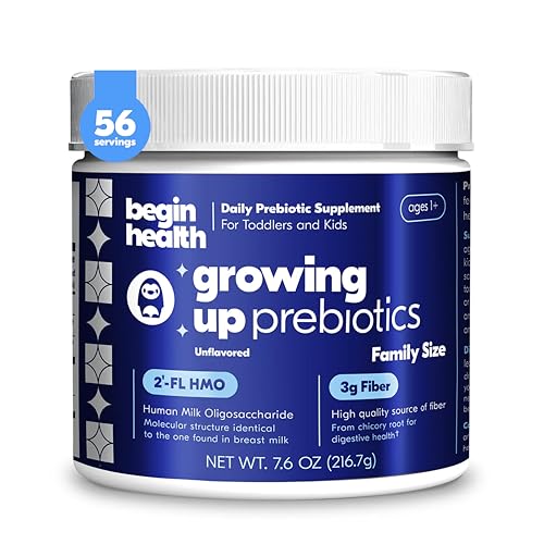 Begin Health Growing Up® Prebiotics for Kids | Daily Prebiotic Fiber Supplement with 2'-FL HMO | Supports Regularity & Gut Health | Unflavored Powder | Ages 1+ | 56 Servings