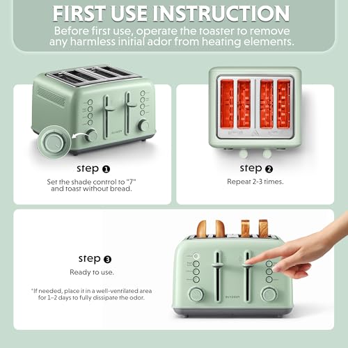BUYDEEM DT640 4-Slice Toaster, 7 Shade Settings, Extra Wide 1.5’’ Slots for Bagel & English Muffin, 6 Toasting Functions, Retro Stainless Steel Toaster with High Lift Lever, 1800W, Cozy Greenish