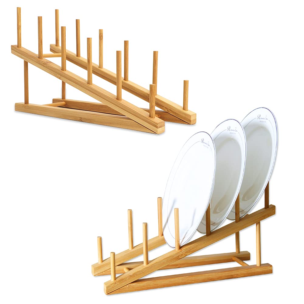 TIE-DailyNec 2 PCS Wooden Dish Rack Bamboo Plate Rack Stand Pot Lid Holder, Dish Drying Rack Kitchen Cabinet Organizer for Cup, Cutting Board, Bowl
