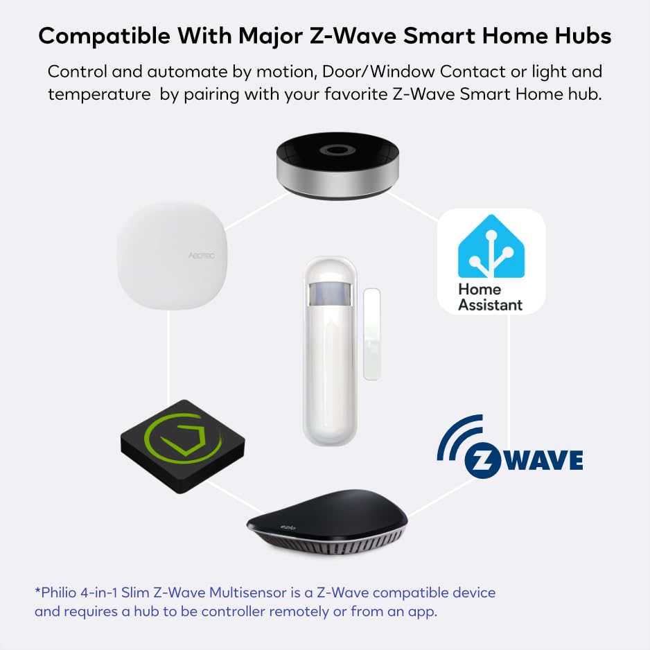 Philio 4-in-1 Slim Z-Wave Multisensor Motion, Door/Window Contact, Light and Temperature Sensor. Works with EzloPlus, HomeAssistant, SmartThings and Other Z-Wave Hubs.