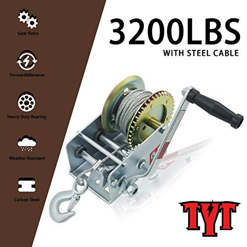 TYT 3200lbs Boat Trailer Winch with Heavy Duty Hook, 10M Steel Cable Hand Winch, Two Way Ratchet Crank ATV Winch for SUV Towing (3200lb Cable Winch - Zinc-Plated) - Image 3