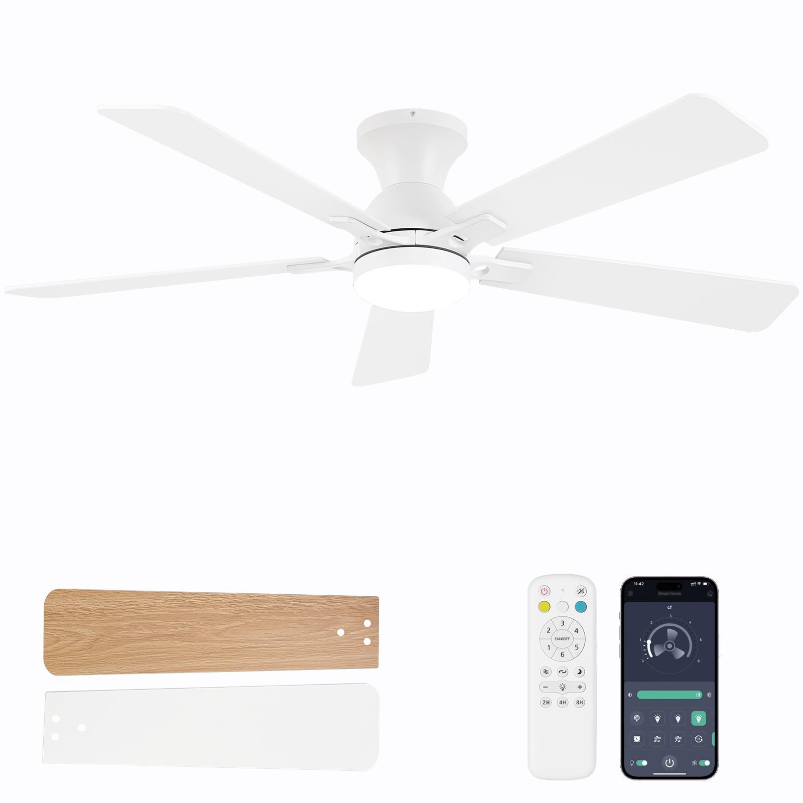 Photo 1 of Dolavast Ceiling Fans with Lights and Remote, 52 Inch White Ceiling Fan with Light, Low Profile Reversible Fandelier Ceiling Fan, Dimmable LED, Flush Mount, Quiet DC Motor, for Bedroom Kitchen