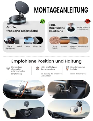 Lamicall 15 W for MagSafe Car Mount with Charging Function - [Top Vacuum] Magnetic Mobile Phone Holder Car Suction Cup for Dashboard & Windscreen, Magnetic Mobile Phone Holder Car Charger for iPhone