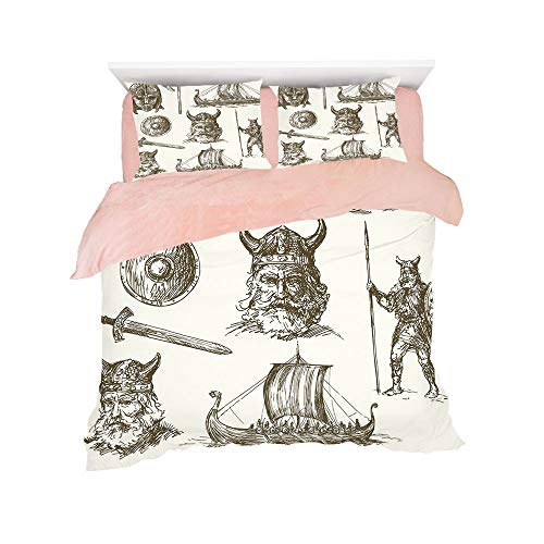 Flannel 4 Piece Cotton Queen Size Bed Sheet Set for bed width 5ft Winter Holiday Pattern Customized bedding for girls and young children,Viking,Ancient War Figures Sword Shield and Warriors Mask Drago
